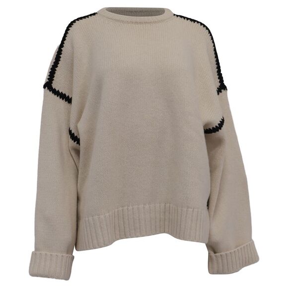 Totême Knitted Embroidered Drop Shoulder Sweater in Cream Wool